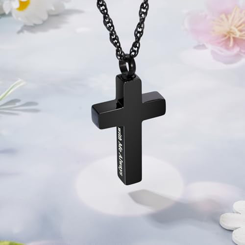 Cremation Cross Necklace for Ashes Stainless Steel Cross Urn Pendant Ashes Holder Memorial Jewelry-With Me Always - style: With Me Always-Black-Velvet Box