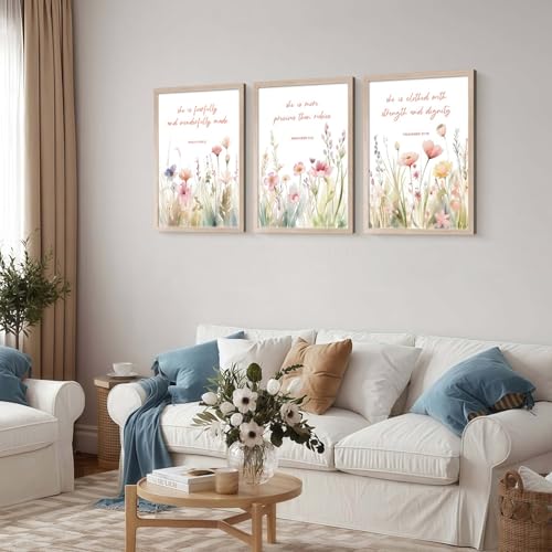 3Pcs Christian Floral Scripture Canvas Wall Art, Wildflower Bible Verse Posters Wall Decor, Psalm Religious Faith Art Pictures Prints for Living Room Bedroom Decorations 24x16in Framed - color: Wildflower Flower Bible Verses-2, size: 24"x16"