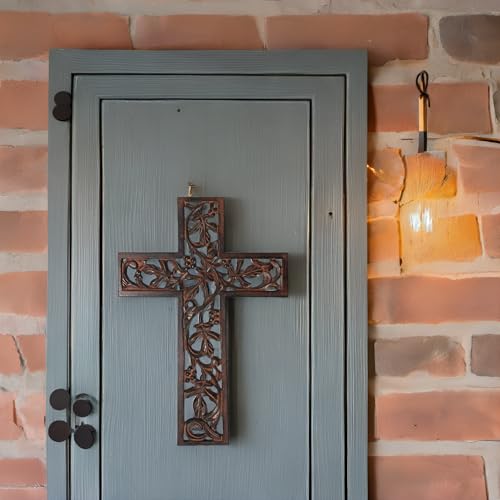 S.B.ARTS Wall Cross Handmade Wooden Design French Plaque Hanging Wall Crucifix with Floral Carving Hanging Cross for Wall Decor, Church Hanging Ornament, Living Room Home Decor (Black) - color: Floral Black, size: 12"L x 8"W