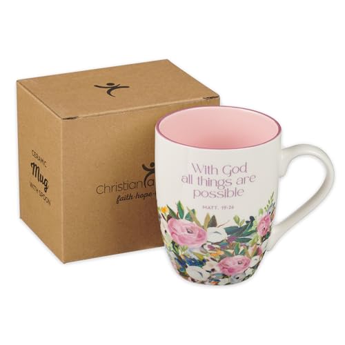 Christian Art Gifts Inspirational Ceramic Coffee & Tea Scripture Mug for Women: All Things are Possible Encouraging Bible Verse, Cute Microwave & Dishwasher Safe Drinkware, White & Pink Floral, 12 oz. - color: White & Pink Floral/All Things are Possible,