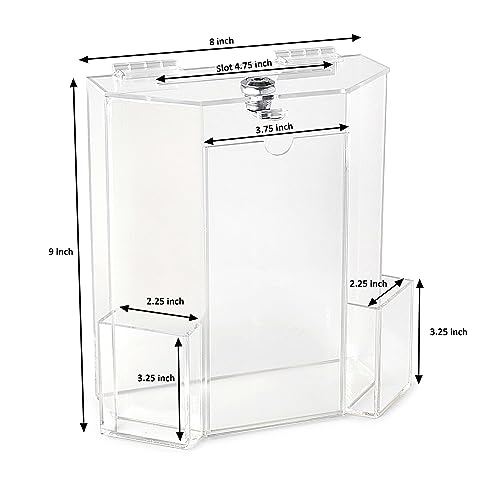 MCB Donation Collection Office Suggestion Acrylic Ballot Box 9 x 8 inch with Display area of 8 x 3.75 inch comes with 2 business card size pockets and lock with set of keys (Black) - color: Black