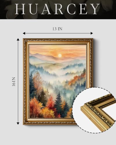 HUARCEY Vintage Gold Framed Mountain Landscape Canvas Wall Art - color: Autumn Mountain Sunrise, size: 16"L x 13"W