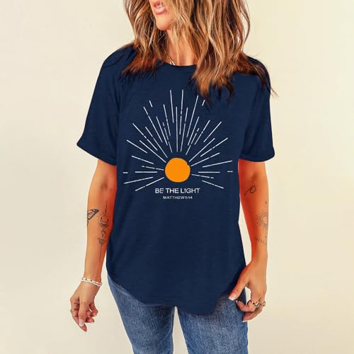 MAIHUN Christian Shirt Womens Be The Light Tshirt Sunburst Vintage Bible Verse Tee Top - color: Blue, size: XX-Large