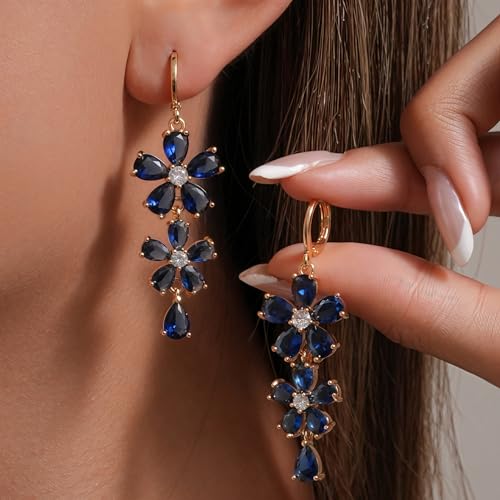 18K Gold Plated, Dangle Earrings for Women, Flower/Heart Drop earrings, Hypoallergenic Cubic Zirconia Earrings, Lightweight, Party, gold earrings, Jewelry for Gifts, Fashion - style: 7098-Blue