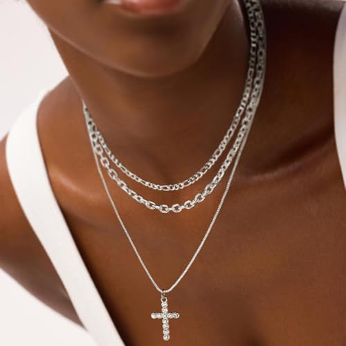 Sterling Silver Cross Necklace for Women Girls Dainty Gold Necklace Stack Non Tarnish Layered Necklaces CZ Cross Pendant Choker Figaro Box Chain Link Layering Stackable Necklaces Trendy Jewelry Gift - color: Sterling Silver