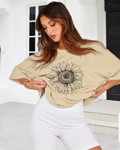 Womens Oversized Tshirt Graphic Tees Crew Neck Summer Short Sleeve Tops - color: A-sunflower Print Khaki, size: XX-Large