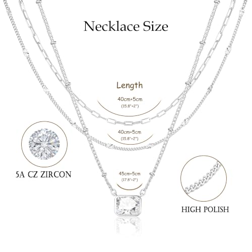 3PCS Gold Silver Layered Necklaces for Women Trendy - color: Silver&Square