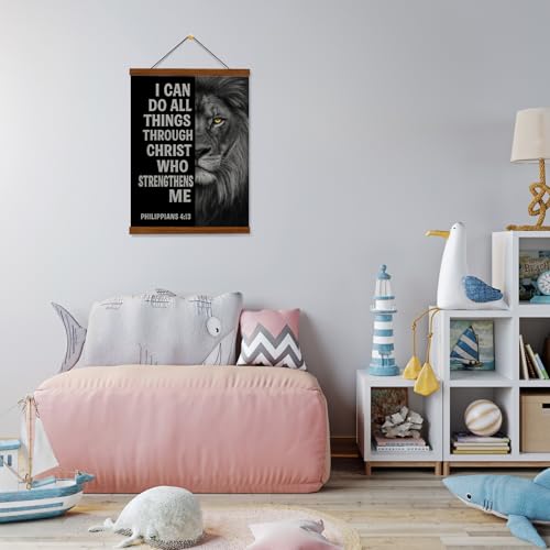 FOPENEM Philippians 4:13 Christian Lion Wall Art Decor, Inspirational Bible Verse Scripture Wall Decor Poster Hanger Frame for Home Boys Bedroom Living Room Church, 12x16 Inches - color: white-Christian Lion