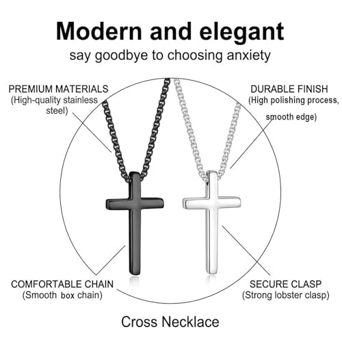 Meetuo 2 Pcs Cross Necklace for Men, Silver and Black High Polished Shinny Cross Necklaces Stainless Steel Cross Pendant Chain, Box Chain