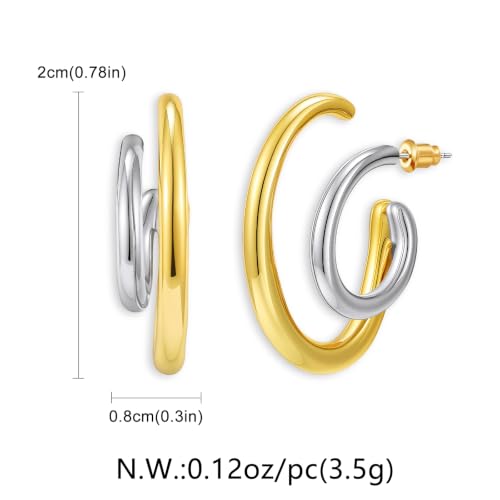 Two Tone Gold Silver Hoop Earrings Mixed Metal Open C Hoop Earrings - color: Double Hoop