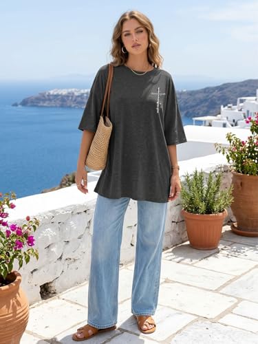 Christian Oversize Shirt for Women Jesus Faith Bible Verse Graphic Tee Tops - color: Darkgrey2, size: Medium