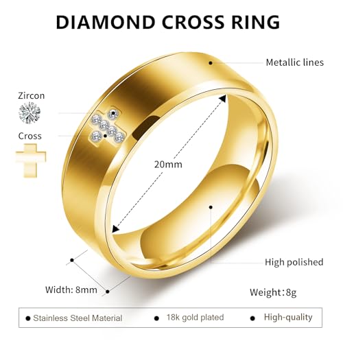 Mens Wedding Band Ring - 8mm Stainless Steel Engagement Promise Rings for Men Women, Cross Classic Ring with Cubic Zirconia for Men Jewelry Gift Ring Size 6 7 8 9 10 11 - color: Gold