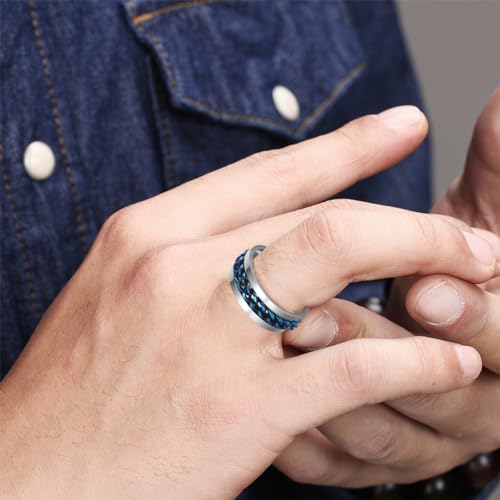 Mens Fidget Rings Anxiety Ring for Men 6mm 8mm Chain Spinner Ring Size 5-14 - color: Silver Blue