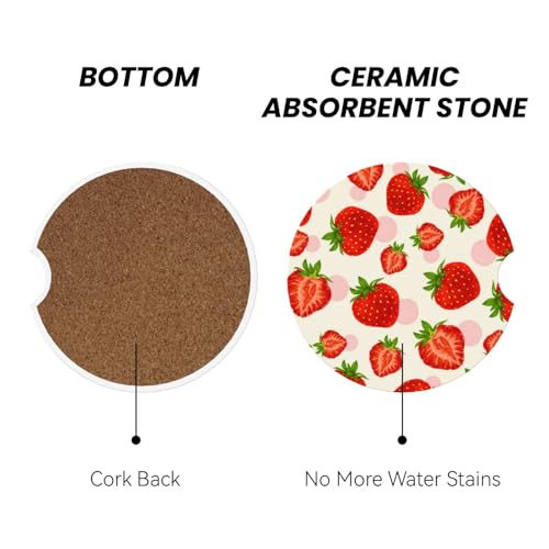 Strawberry Car Coasters for Cup Holder - Absorbent Ceramic 2 Pack With Anti-Slip Cork Base and Finger Notch - Interior Accessories for Women Men 2.56" - color: Strawberry