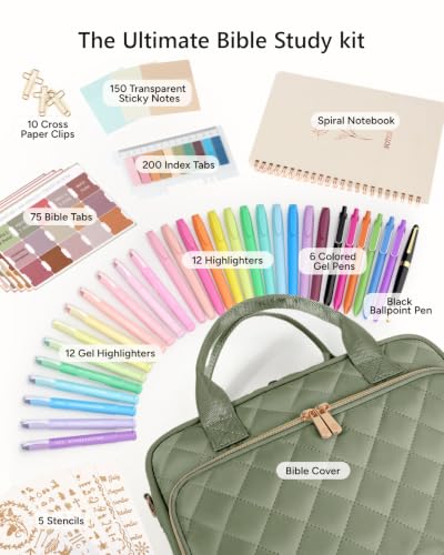 BellaHold Bible Cover Case for Women with All-in-One Bible Journaling Kit - color: Olive Green
