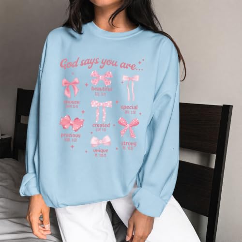 Christian Bow Sweatshirt for Women God Jesus Bible Verse Sweatshirts Cute Bow Graphic Coquette Long Sleeve Shirts - color: Sky Blue, size: Medium