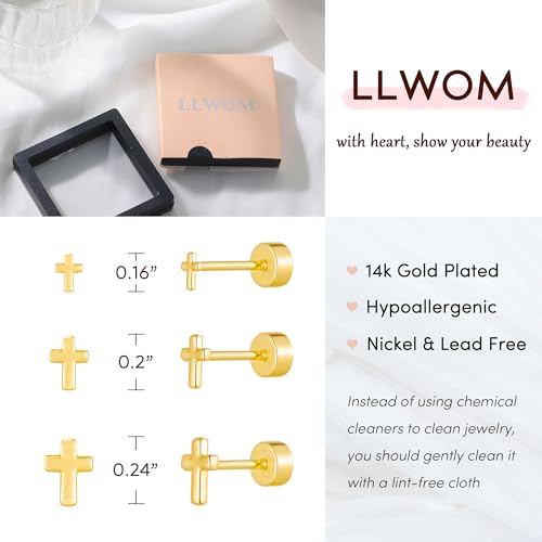 LLWOM 3 Pairs Tiny Flat Back Earrings, Hypoallergenic 14K Real Gold Plated Helix Cartilage Earrings Post Studs Jewelry for Women Gift - color: Gold-Cross
