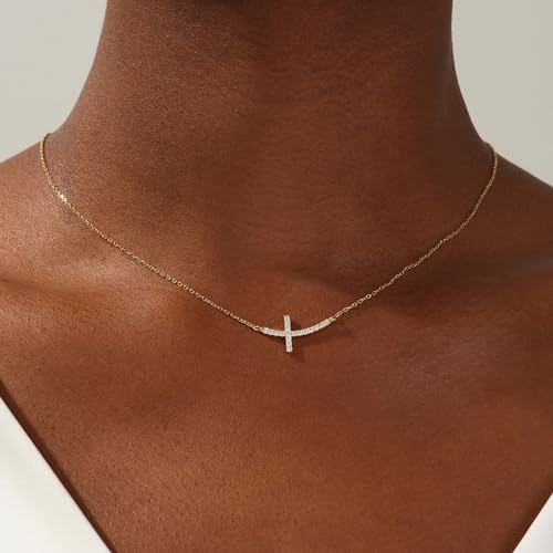 MONOZO Dainty 14K Gold Plated Cross Necklace for Women Jewelry Gifts Trendy - color: Gold - Sideway Diamond Cross
