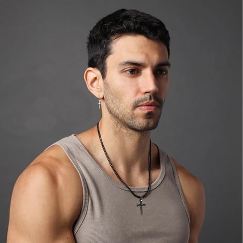Avotto 316L Stainless Steel Cross Necklace Jewelry Gifts for Men Boys, Silver Gold Black Necklaces 5mm Non-Fading Sturdy Cuban Chain with Cross Pendant 14/16/18/20/22/24Inch - color: Black, size: 24 inch(60cm)-Extra Long Fit