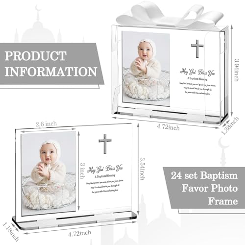 Vercraft 24 Set Baptism Picture Frame 3.5 x 5 Acrylic Baby Shower Baptism Favor Christening Gifts for Boy Girl with Plastic Crystal Boxes and Satin Ribbon Bows for Religious First Communion(White) - color: White