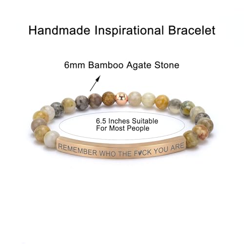 Inspirational Christian Bracelet for Women, Bamboo Leaf Agate Beaded Bible Verse Jewelry, 18K Gold Plated Religious Faith Gift, Scripture Encouragement Jewelry for Her - color: REMEMBER WHO THE F YOU ARE-Bamboo Agate Rose Gold