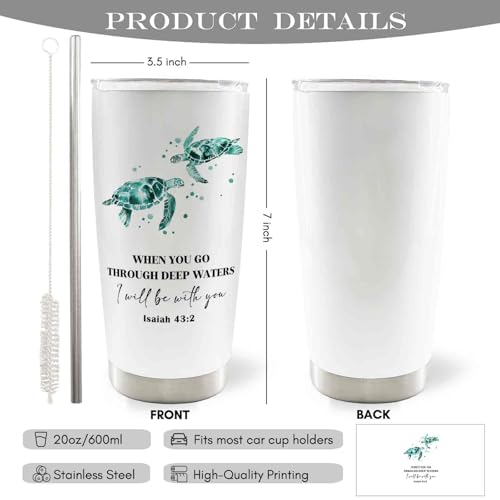 Christian Sea Turtle 20oz Travel Coffee Mug Tumbler, Christian Gifts for Women, When You Go Through Deep Waters Bible Verse Religious Stainless Steel Tumbler with Lid and Straw - color: Deepwater