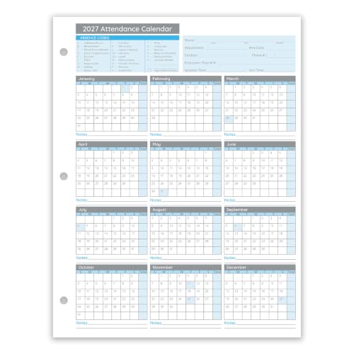 Blue Summit Supplies 50 Employee Attendance Calendars, 2027, 3 Hole Punched