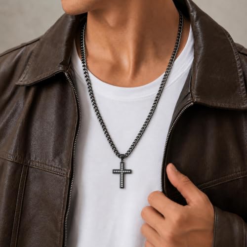 Cross Necklace for Men, Cuban Chain with Cubic Zirconia Pendant - color: BLACK