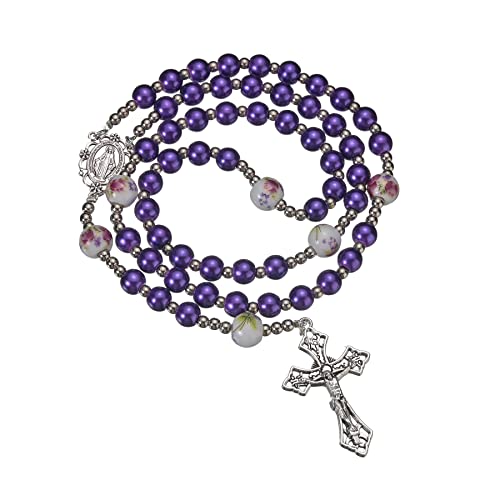 8mm Purple Pearl Beads Catholic Rosary Glass Beaded Acrylic String Necklace White Ceramics Bead Rosary Miraculous Medal Crucifix Cross Gift for Women Girls - color: Purple