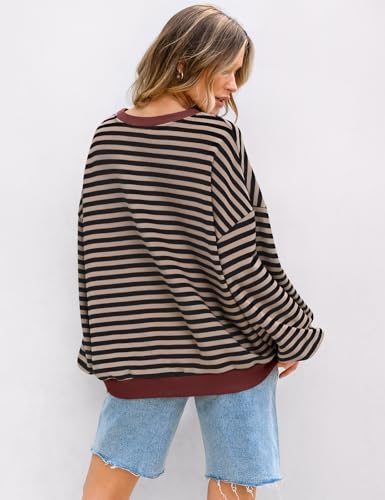 UEU Women Oversized Striped Crewneck Sweatshirt Long Sleeve Casual Pullover - color: Black Coffee Striped, size: X-Large