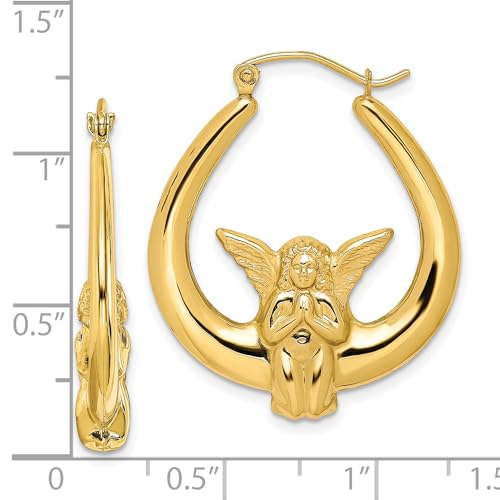 10k Yellow Gold Hoop Earrings with Praying Angel and Wings, Womens Religious Jewelry Featuring Christian Symbolism, Faith Based Spiritual Hoops, Angelic Theme for Devotional or Sacred Wear 19x4 mm