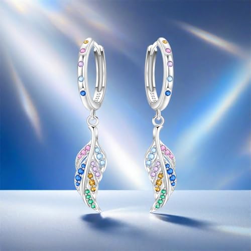 925 Sterling Silver Drop & Dangle Earrings for Women,Butterfly Dragonfly and Bee|Flower and leaf Earrings, Suitable for Sensitive Ears Fashion Jewelry Gift- Hypoallergenic Earrings - color: Colorful Feather Earrings