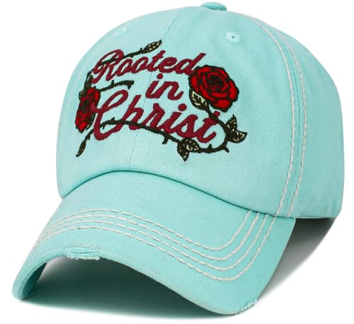Bless Rodeo Country Horse Derby Womens Baseball Cap Distressed Vintage Unconstructed Embroidered Patch Hat - color: Diamond Blue Rooted in Christ