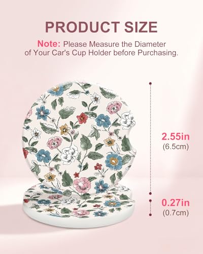 Swooflia Floral Absorbent Ceramic Car Coasters Set of 2, Cute Botanical Wildflower Cup Holder Coasters for Car, Pink Blue Flower Car Accessories for Women, Unique Gifts for Mom, Friends, Teachers - color: Pink-blue Flower