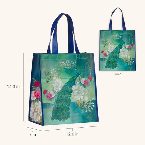 Christian Art Gifts Floral Peacock Reusable Multicolor Shopping Tote Bag for Women: Blessed - Jer. 17:7 Scripture, Easy-hold, Durable, Collapsible Handbag for Groceries, Books, Supplies, Blue/Green - color: Teal/Peacock