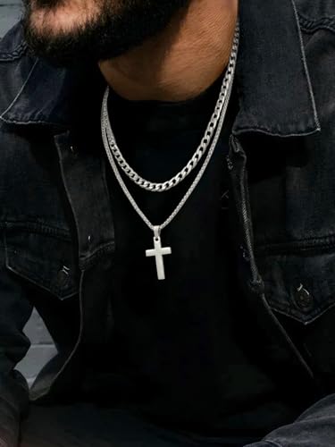 FaithHeart Cross Necklace for Men, Silver/Black/Gold Crucifix Necklace Stainless Steel Pendant with Cuban Chain Jesus Cross Necklaces Religious Gifts for Men - color: 01. Cross-Silver, size: Chain Length 20in/22in