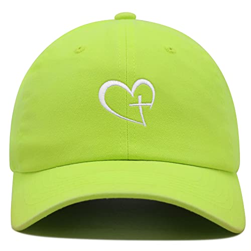 JPAK Heart and Cross Premium Dad Hat Embroidered Cotton Baseball Cap Christian Faith - color: Neon Yellow