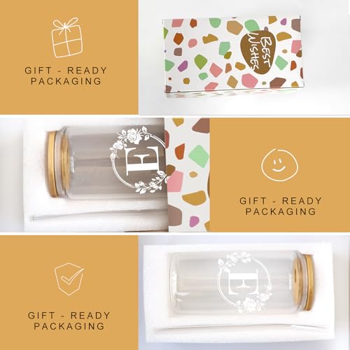 Birthday Gifts for Women, Monogrammed Initial Glass Cup Personalized Gifts for Women, 16oz Glass Cups with Lids and Straws, Iced Coffee Cup, Beer Can Shaped Glass - Gifts for Mothers Day, Christmas, E - style: E