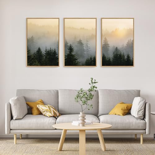 FWIEXA Misty Forest Wall Art Set Framed, Large Mountains Canvas Wall Decor, Green Nature Wall Painting, Foggy Tree Landscape Artwork 3 Panel 24x36 Inches for Living Room, Bedroom, Office, Gift - color: Foggy Forest, size: 24"L x 36"W