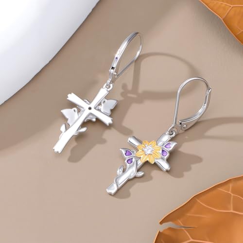925 Sterling Silver Sunflower/Rose/Plumeria/Hibiscus/Mushroom Cross Earrings for Women Hawaiian Flower/Butterfly Cross Dangle Drop Earrings Jewelry Faith Christian Gift for Her Daughter Wife Girlfriend - style: Sunflower Cross 2