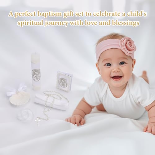 5 PCS Baptism Candle Set for Boys and Girls,Baptism Kit Catholic Candle,Towel,Shell,Rosary andBible for Baptismal Christening First Communion Gift
