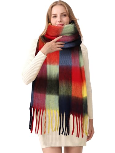 HOTIAN Women's Large Scarf Colorful Chunky Plaid Scarves Soft Winter Thick Tassel Warm Wrap Shawl - color: Deep Blue Red