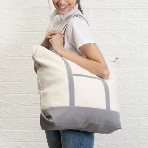 Canvas Tote Bag with Zipper & External Pocket, Reusable Grocery Shopping Tote Bag with Handles for Groceries - color: Grey
