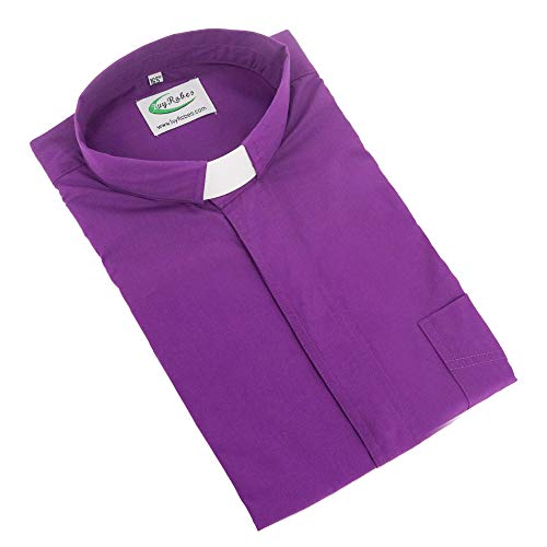 IvyRobes Men's Short Sleeves Tab Collar Clergy Shirt- Black White Purple - color: Purple, size: Large