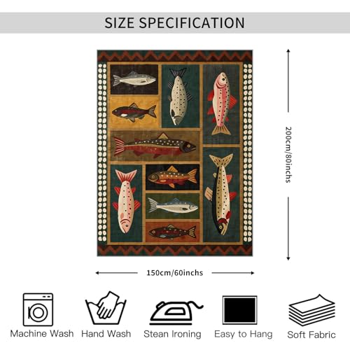 FoxUncle Fish Tapestry 60 X 80 Inches Vintage Dark Western Wall Art Rustic Country Salmon Trout Painting Retro Cabin Aesthetic Decor for Living Room Bedroom - color: Black, size: 80"L x 60"W