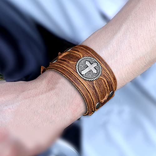 NIGHTCRUZ Wide Leather Bracelet with Cross, Medieval Leather Cuff Wristband for Mens - color: Brown