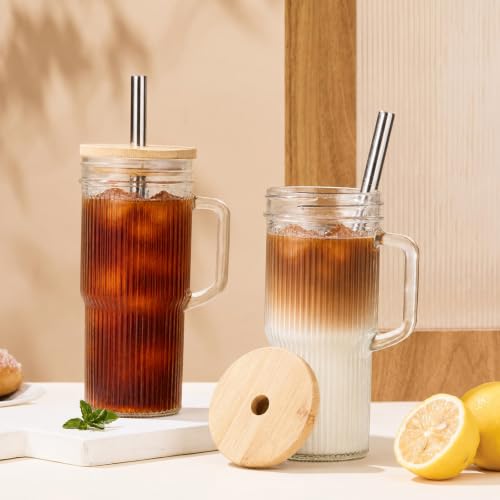 JunVpic Glass Tumbler, 24 oz Ice Coffee Cups with Bamboo Lid and Handle - color: Clear-Ribbed, size: 24oz