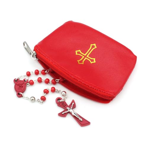 Red Rosary Pouch with Zipper & Gold St. Thomas Cross Imprint | Compact Leatherette Rosary Case for Small to Medium Rosaries | Protective Travel Rosary Holder for Men & Women - color: Red