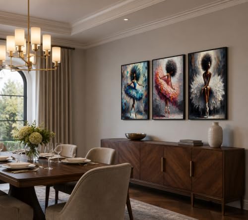RERNIE 3 Piece Framed Black Ballerina Canvas Wall Art Modern African Girl Painting Gallery Print Textured Poster Artwork for Living Room Bedroom Decor 16x24 Inch Ready to Hang - color: Framed Black Woman Ballet, size: 16x24 inch
