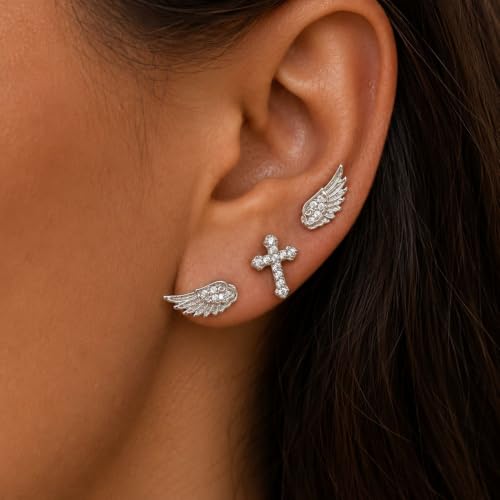 Angel Wing Stud Earrings for Women Crystal Cross Screw Back Wings Earrings Piercing Jewelry - color: 3pcs Silver